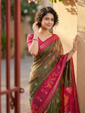 Olive Green Pochampalli Silk Saree With Teal Green  Blouse Piece