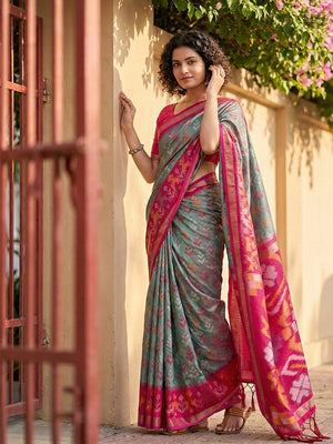 Grey Pochampalli Silk Saree With Orange Blouse Piece