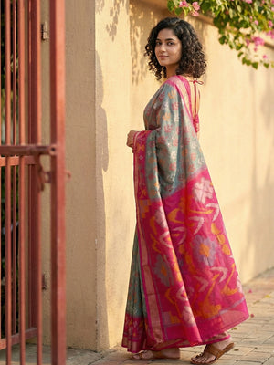 Grey Pochampalli Silk Saree With Orange Blouse Piece