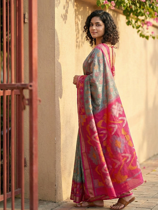 Grey Pochampalli Silk Saree With Orange Blouse Piece