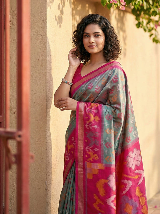 Grey Pochampalli Silk Saree With Orange Blouse Piece