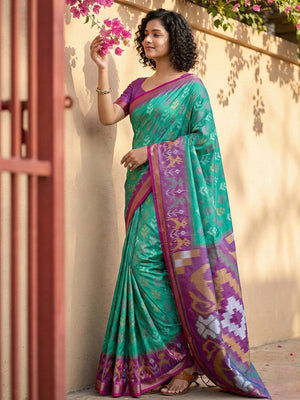 Rama Green Pochampalli Silk Saree With Pink Blouse Piece
