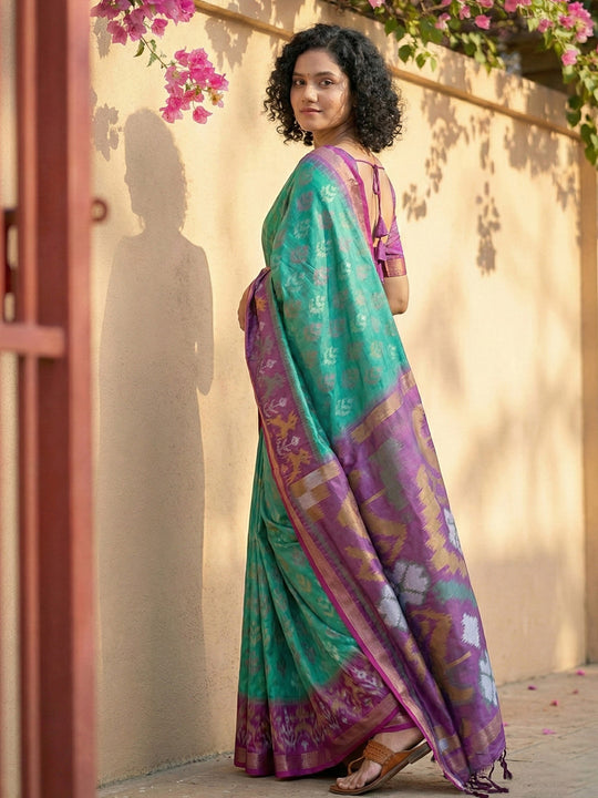 Rama Green Pochampalli Silk Saree With Pink Blouse Piece