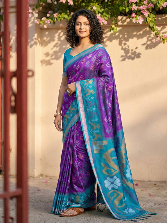 Violet Pochampalli Silk Saree With Purple Blouse Piece
