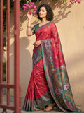 Red Pochampalli Silk Saree With Rama Blouse Piece