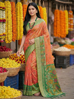 Orange Pochampalli Silk Saree With Blouse Piece