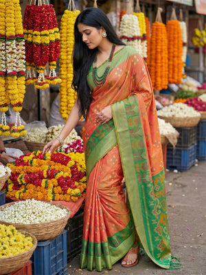 Orange Pochampalli Silk Saree With Blouse Piece