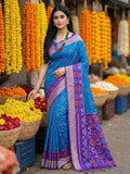 Blue Pochampalli Silk Saree With Blouse Piece
