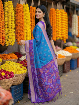 Blue Pochampalli Silk Saree With Blouse Piece