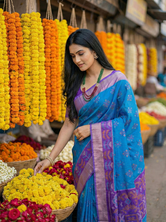 Blue Pochampalli Silk Saree With Blouse Piece