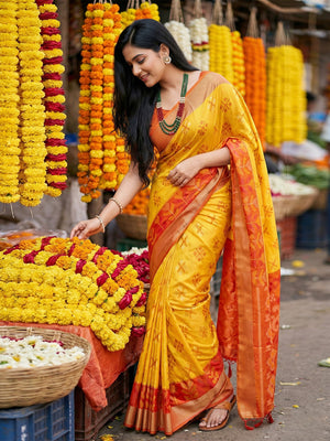 Yellow Pochampalli Silk Saree With Blouse Piece
