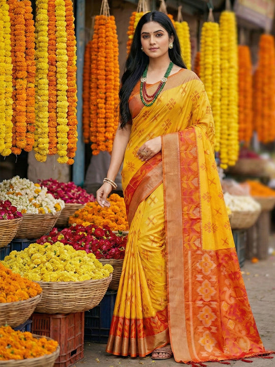 Yellow Pochampalli Silk Saree With Blouse Piece