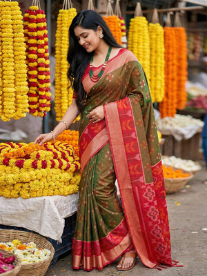 Brown Pochampalli Silk Saree With Blouse Piece