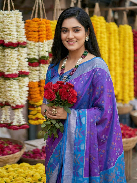 Violet Pochampalli Silk Saree With Blouse Piece