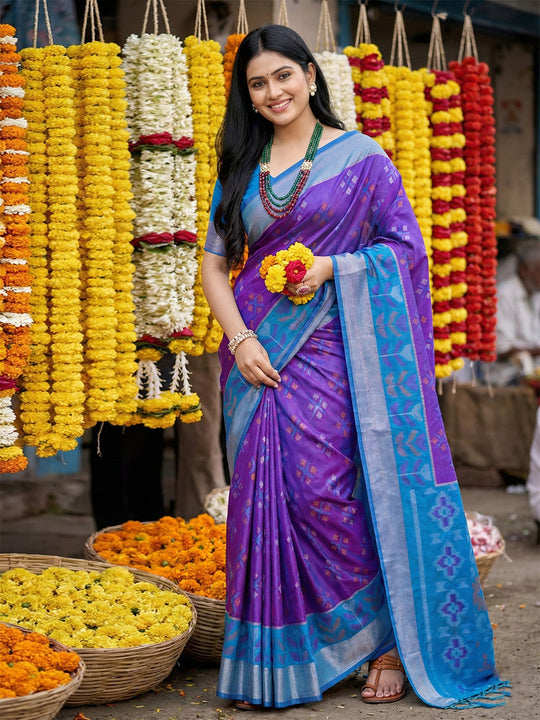 Violet Pochampalli Silk Saree With Blouse Piece