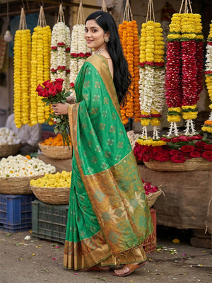 GREEN Pochampalli Silk Saree With Blouse Piece
