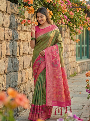 Mehndi Pochampalli Silk Saree With Blouse Piece