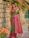 Mehndi Pochampalli Silk Saree With Blouse Piece
