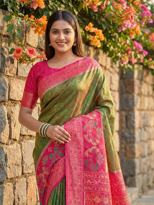 Mehndi Pochampalli Silk Saree With Blouse Piece
