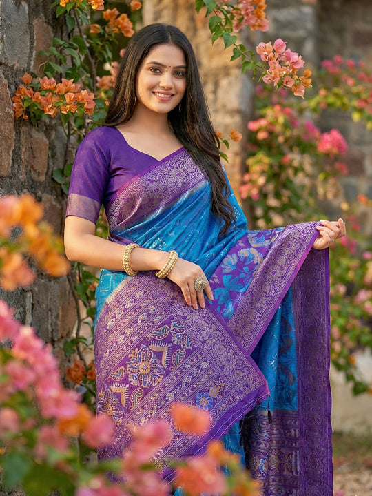 Blue Pochampalli Silk Saree With Blouse Piece