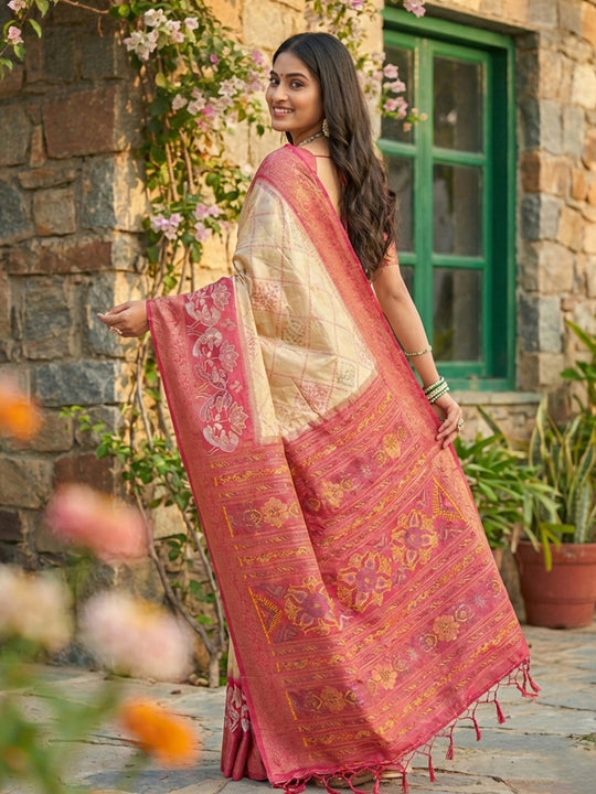 Cream Pochampalli Silk Saree With Blouse Piece