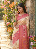 Cream Pochampalli Silk Saree With Blouse Piece