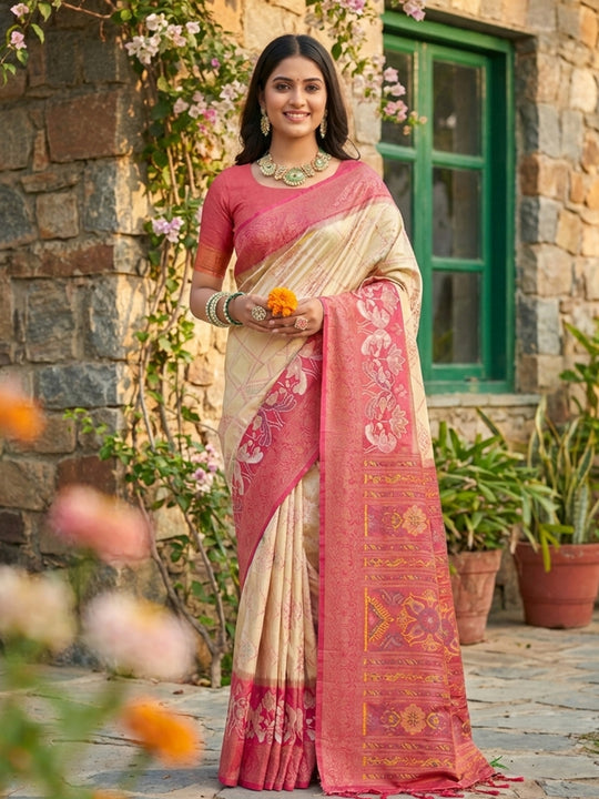 Cream Pochampalli Silk Saree With Blouse Piece