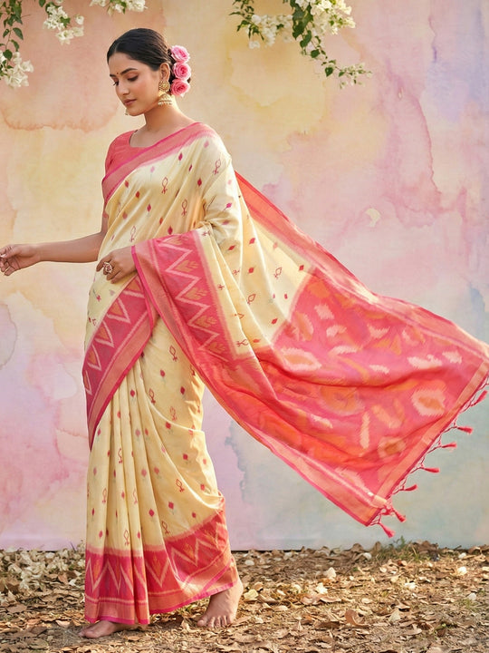 Cream Soft Silk Saree With Blouse Piece
