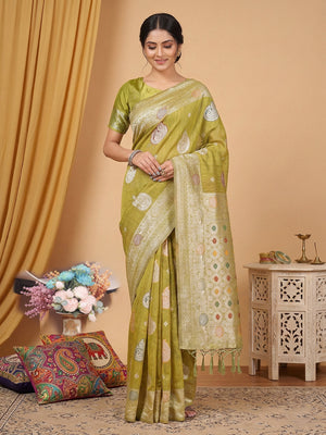 Mustard Linen Cotton Saree With Blouse Piece
