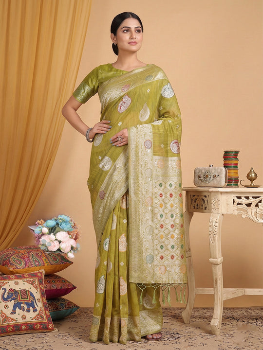 Mustard Linen Cotton Saree With Blouse Piece