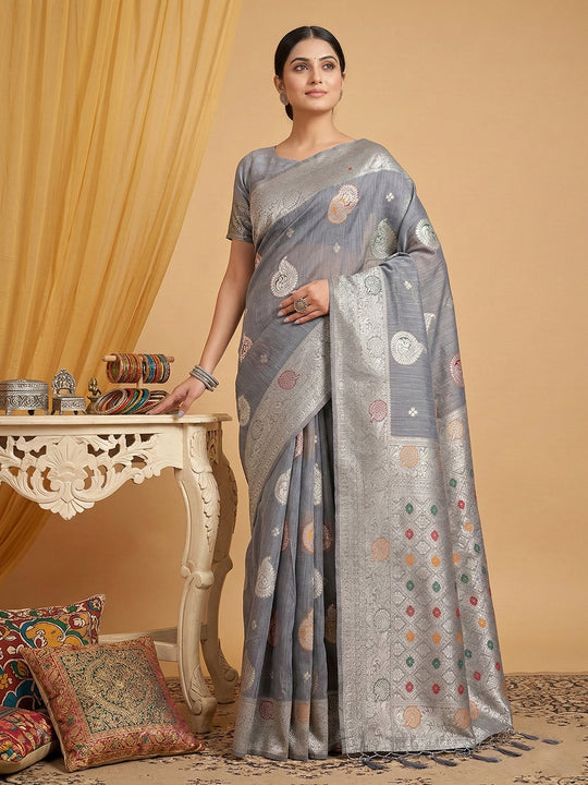 Grey Linen Cotton Saree With Blouse Piece
