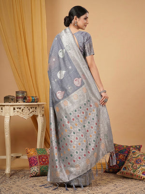 Grey Linen Cotton Saree With Blouse Piece