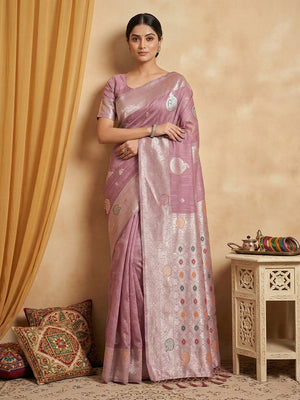 Purple Linen Cotton Saree With Blouse Piece