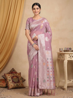 Purple Linen Cotton Saree With Blouse Piece