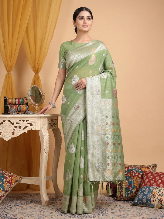 Light Green Linen Cotton Saree With Blouse Piece
