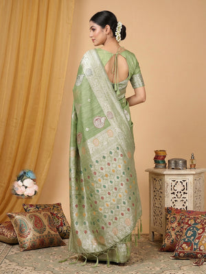 Light Green Linen Cotton Saree With Blouse Piece