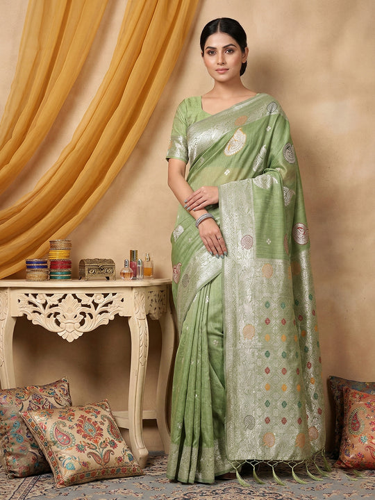 Light Green Linen Cotton Saree With Blouse Piece