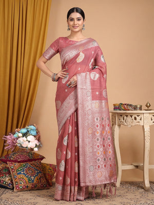 Pink Linen Cotton Saree With Blouse Piece