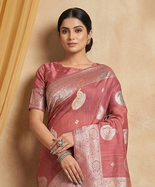 Pink Linen Cotton Saree With Blouse Piece