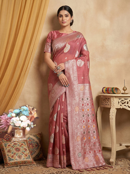 Pink Linen Cotton Saree With Blouse Piece