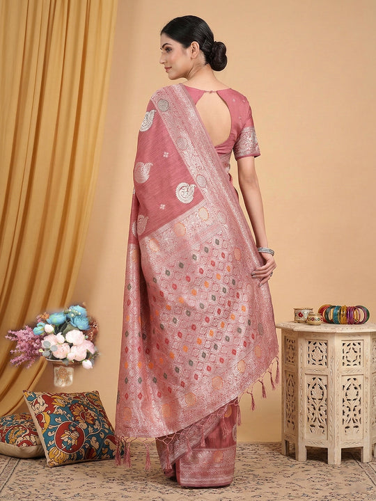 Pink Linen Cotton Saree With Blouse Piece