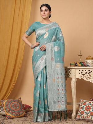 Sea Green Linen Cotton Saree With Blouse Piece