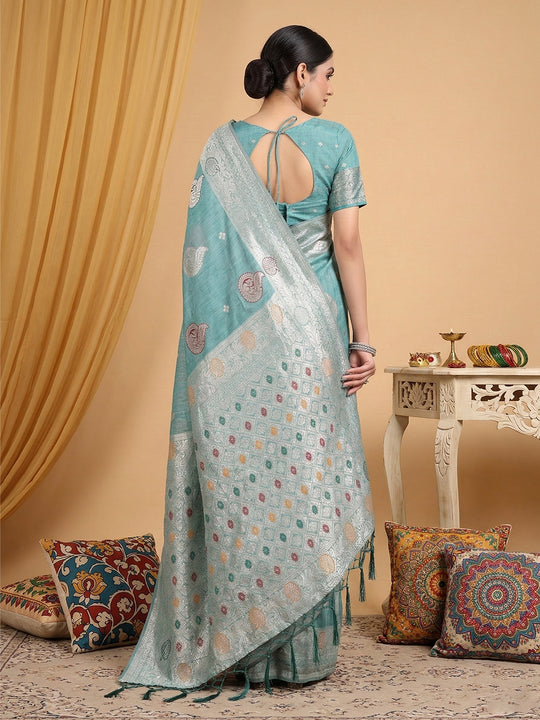 Sea Green Linen Cotton Saree With Blouse Piece