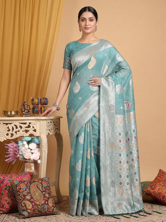 Sea Green Linen Cotton Saree With Blouse Piece