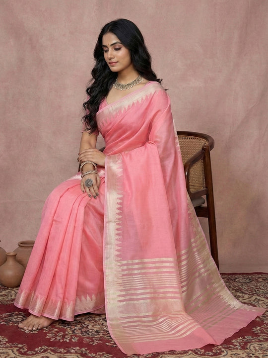 CORAL PINK COTTON Saree With Blouse Piece
