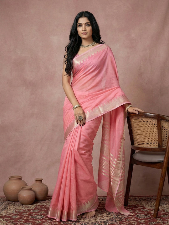 CORAL PINK COTTON Saree With Blouse Piece