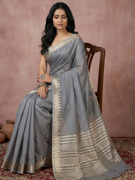 GRAY COTTON Saree With Blouse Piece