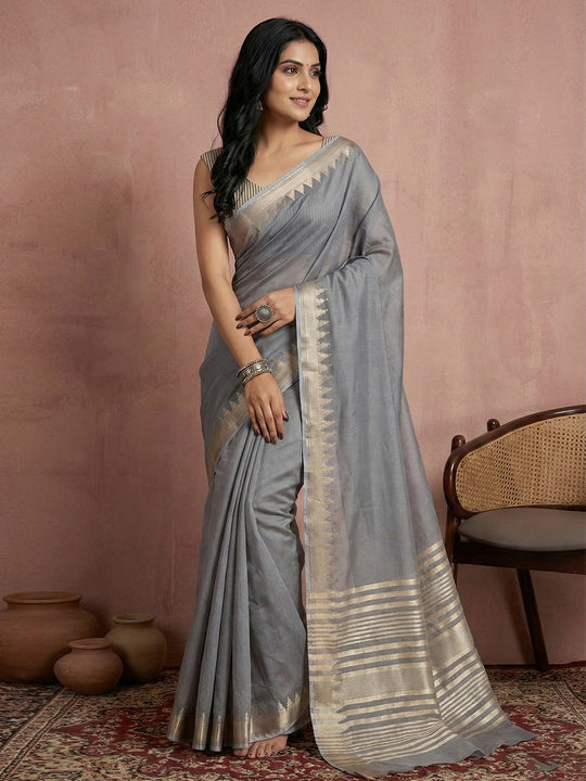 GRAY COTTON Saree With Blouse Piece
