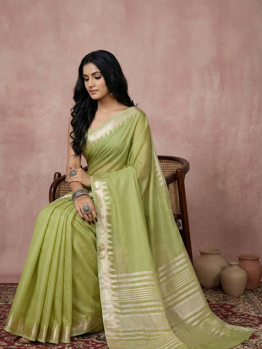 LIGHT GREEN COTTON Saree With Blouse Piece