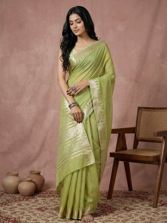 LIGHT GREEN COTTON Saree With Blouse Piece